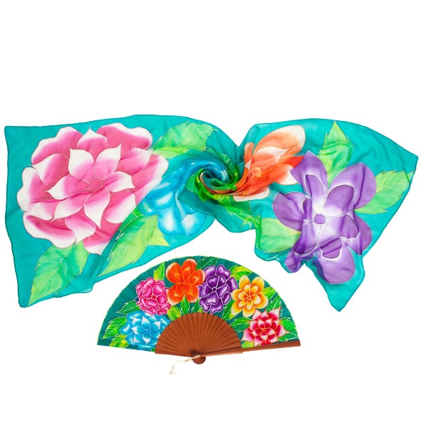 Conjunto de seda pintado a mano de flores multicolor estilo Frida