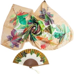 Conjunto de seda pintado a mano de fular y abanico de hojas