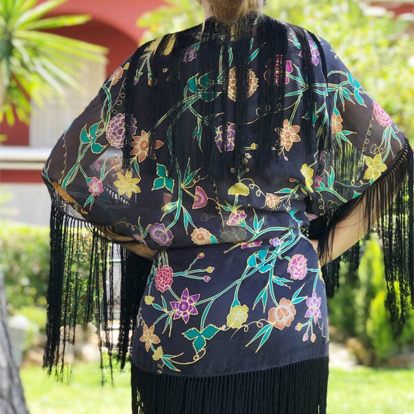 Mantón-Kimono de seda flecado pintado a mano con flores Manila